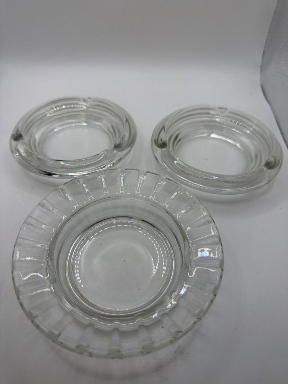 Set Of 3 Vintage Clear Glass Ashtrays With Ribbed & Smooth Designs Mid-Century S